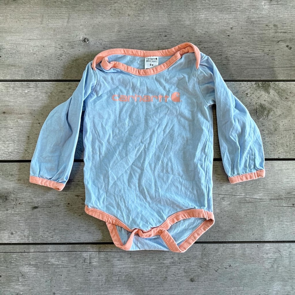 Carhartt Girls Blue & Peach Graphic Logo Bodysuit Short Sleeve Sz‎ 9 Months